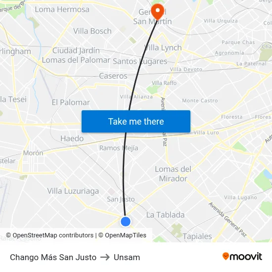 Chango Más San Justo to Unsam map