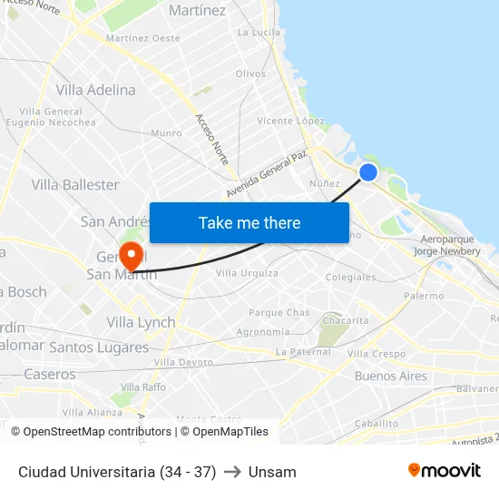 Ciudad Universitaria (34 - 37) to Unsam map