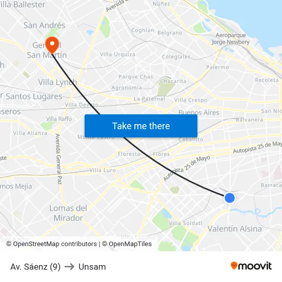 Av. Sáenz (9) to Unsam map