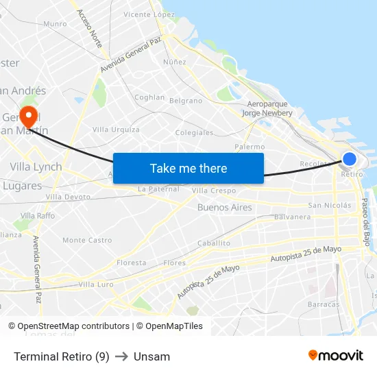 Terminal Retiro (9) to Unsam map