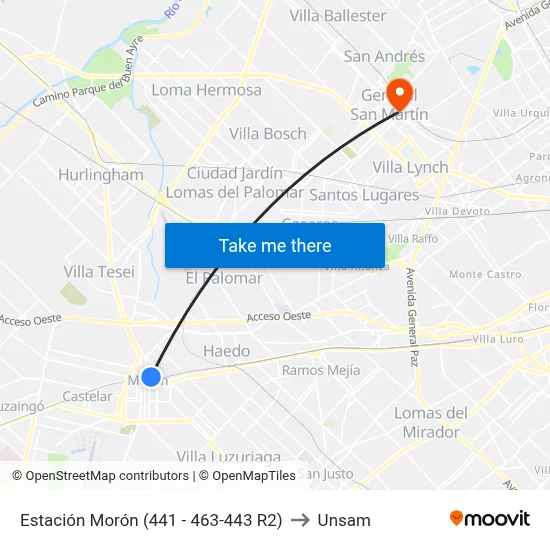 Estación Morón (441 - 463-443 R2) to Unsam map