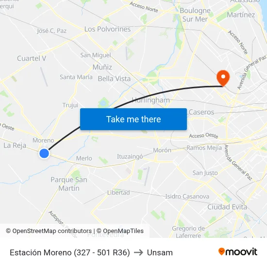 Estación Moreno (327 - 501 R36) to Unsam map