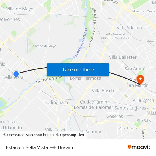 Estación Bella Vista to Unsam map