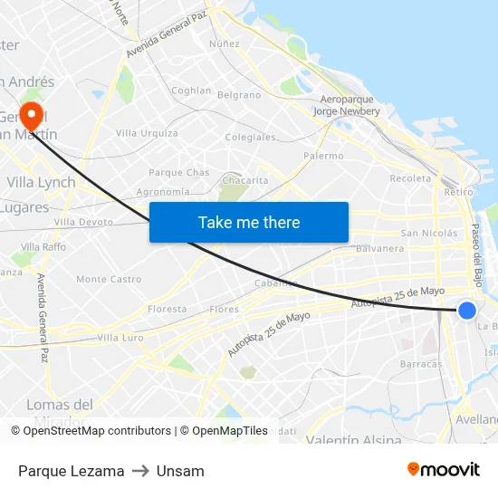 Parque Lezama to Unsam map