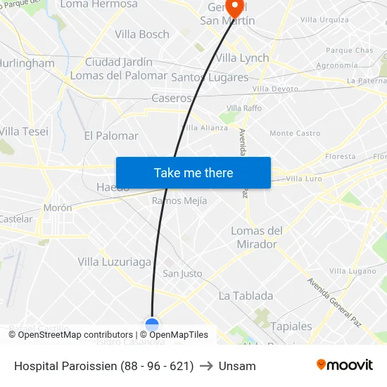 Hospital Paroissien (88 - 96 - 621) to Unsam map