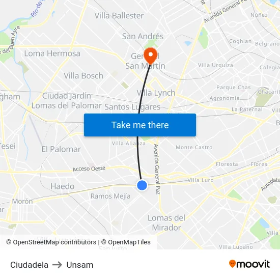 Ciudadela to Unsam map