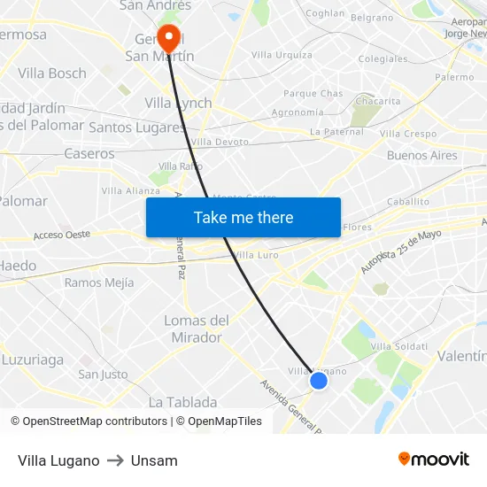 Villa Lugano to Unsam map