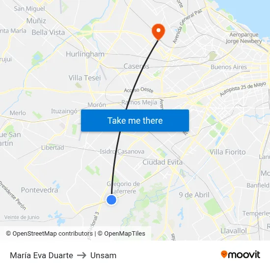 María Eva Duarte to Unsam map