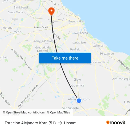 Estación Alejandro Korn (51) to Unsam map