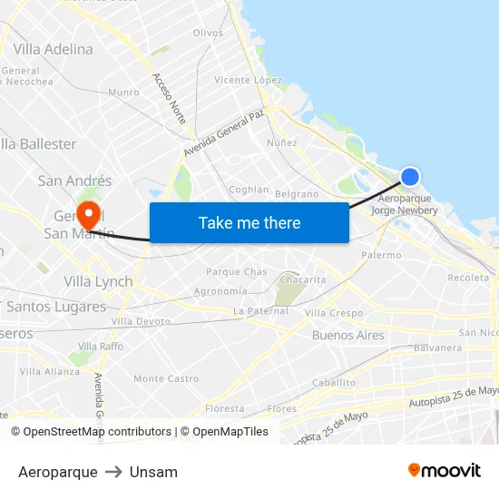 Aeroparque to Unsam map