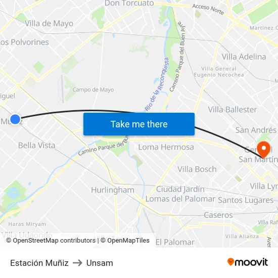 Estación Muñiz to Unsam map