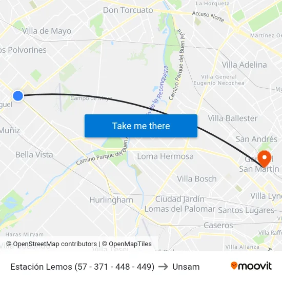 Estación Lemos (57 - 371 - 448 - 449) to Unsam map