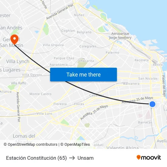 Estación Constitución (65) to Unsam map