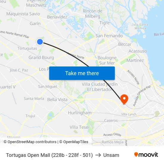 Tortugas Open Mall (228b - 228f - 501) to Unsam map