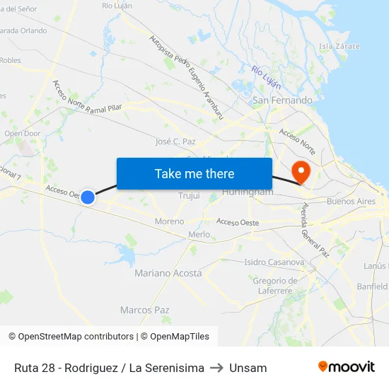 Ruta 28 - Rodriguez / La Serenisima to Unsam map