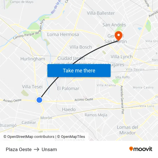 Plaza Oeste to Unsam map