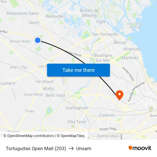 Tortuguitas Open Mall (203) to Unsam map