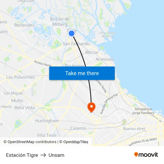 Estación Tigre to Unsam map