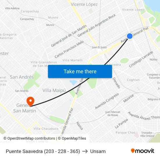 Puente Saavedra (203 - 228 - 365) to Unsam map