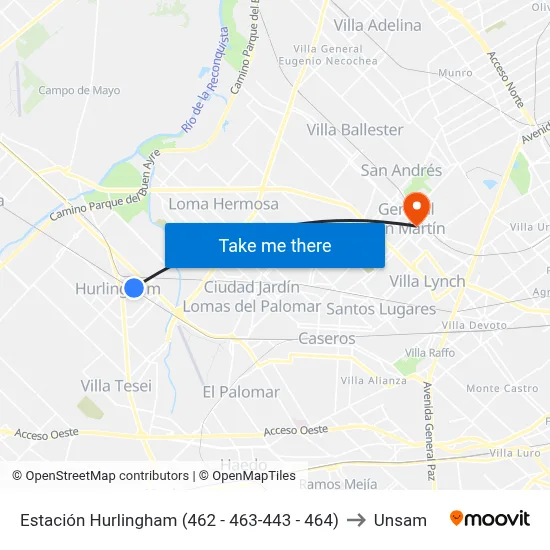 Estación Hurlingham (462 - 463-443 - 464) to Unsam map