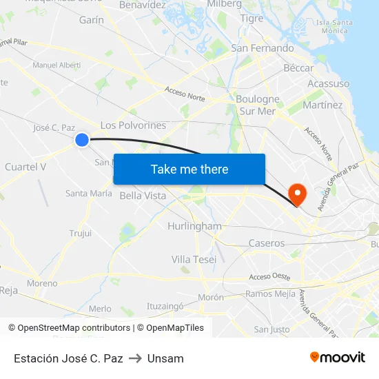 Estación José C. Paz to Unsam map