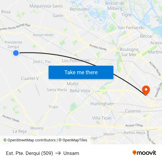 Est. Pte. Derqui (509) to Unsam map
