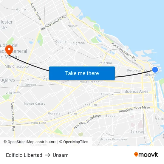 Edificio Libertad to Unsam map
