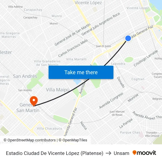 Estadio Ciudad De Vicente López (Platense) to Unsam map