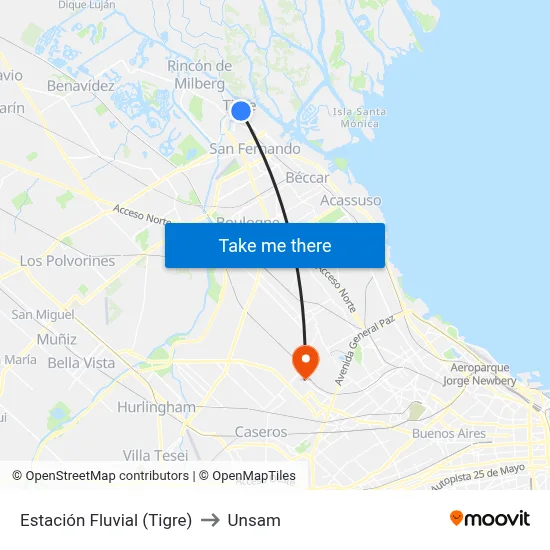 Estación Fluvial (Tigre) to Unsam map