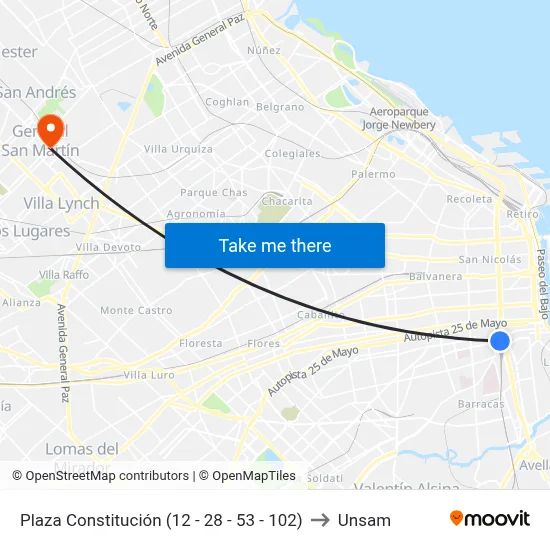 Plaza Constitución (12 - 28 - 53 - 102) to Unsam map