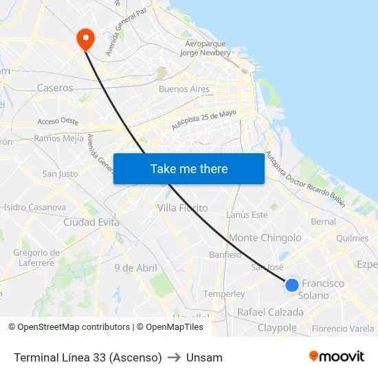Terminal Línea 33 (Ascenso) to Unsam map