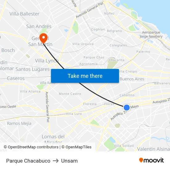 Parque Chacabuco to Unsam map