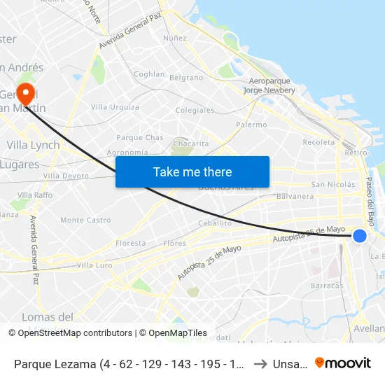 Parque Lezama (4 - 62 - 129 - 143 - 195 - 197) to Unsam map
