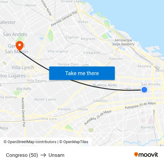 Congreso (50) to Unsam map