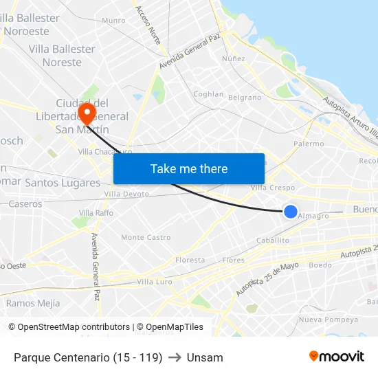 Parque Centenario (15 - 119) to Unsam map