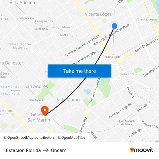 Estación Florida to Unsam map