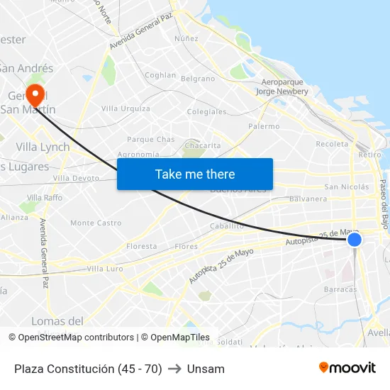 Plaza Constitución (45 - 70) to Unsam map