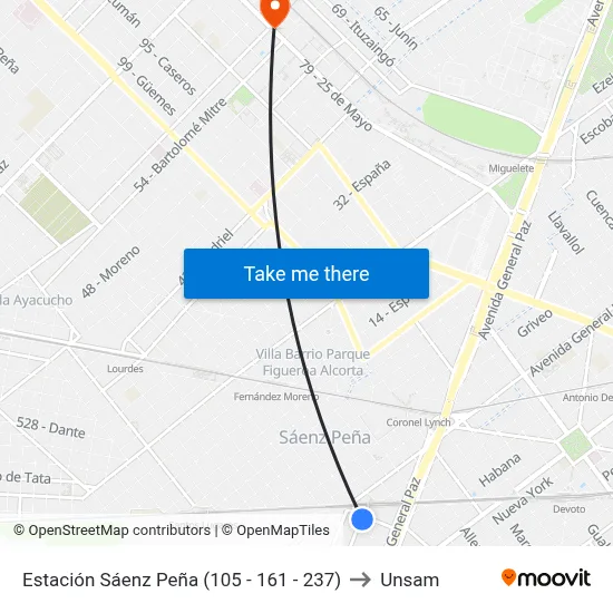 Estación Sáenz Peña (105 - 161 - 237) to Unsam map
