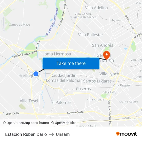 Estación Rubén Darío to Unsam map