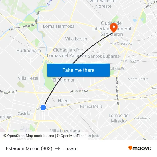 Estación Morón (303) to Unsam map