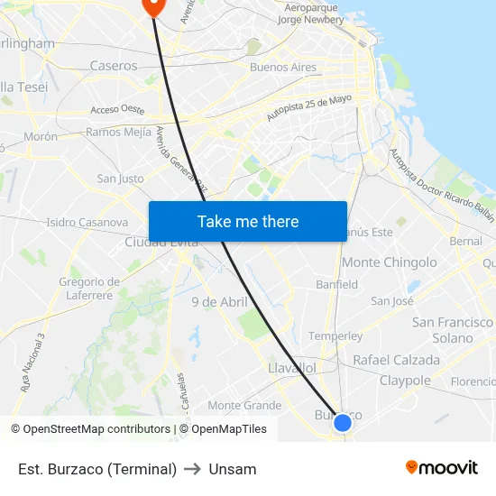Est. Burzaco (Terminal) to Unsam map