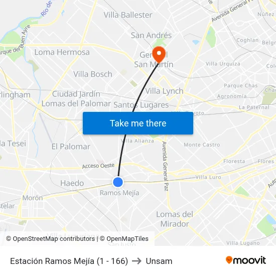 Estación Ramos Mejía (1 - 166) to Unsam map
