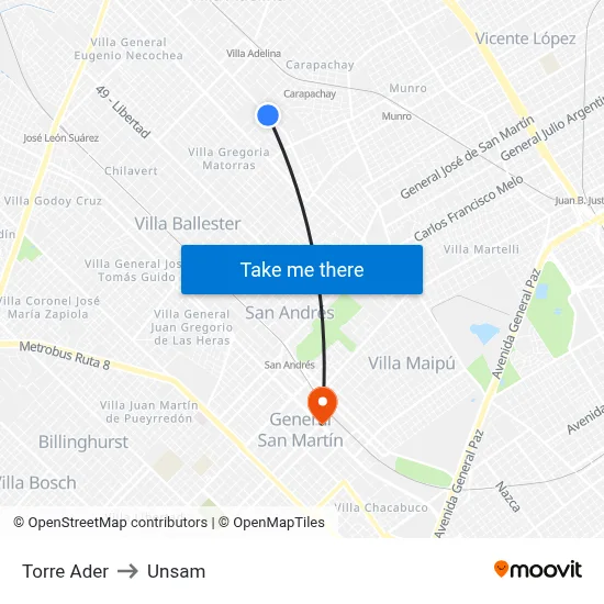 Torre Ader to Unsam map