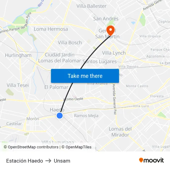 Estación Haedo to Unsam map