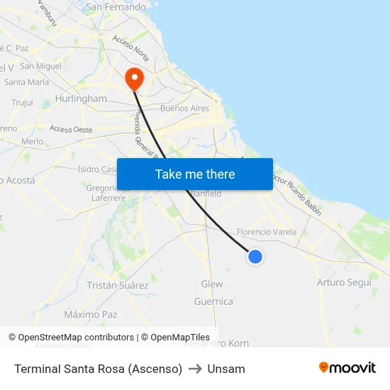Terminal Santa Rosa (Ascenso) to Unsam map