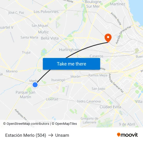 Estación Merlo (504) to Unsam map