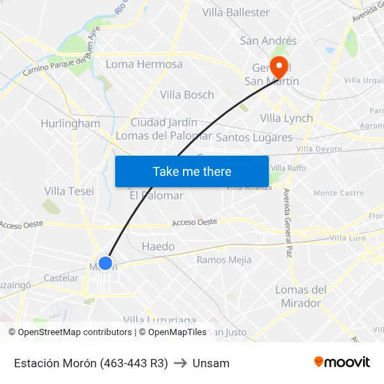 Estación Morón (463-443 R3) to Unsam map
