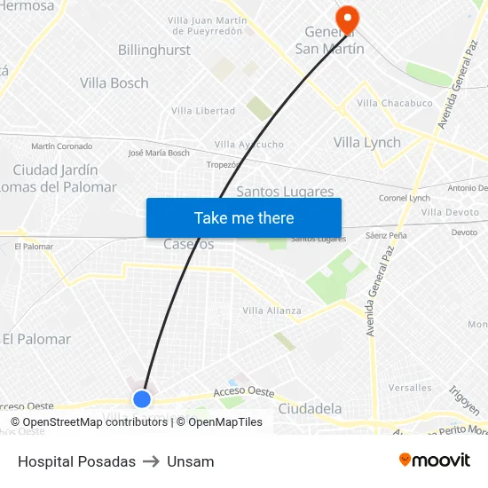 Hospital Posadas to Unsam map