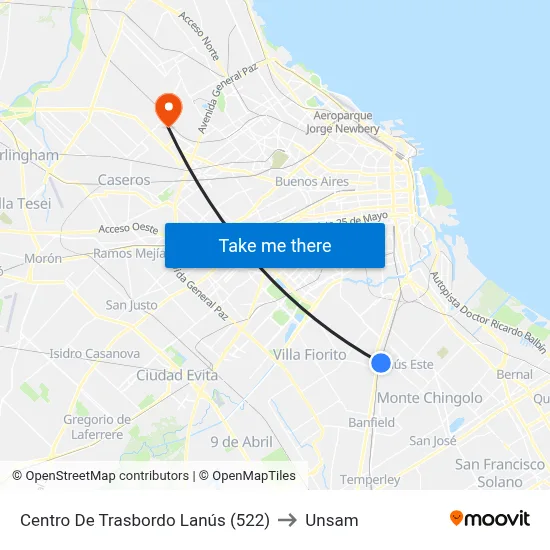 Centro De Trasbordo Lanús (522) to Unsam map