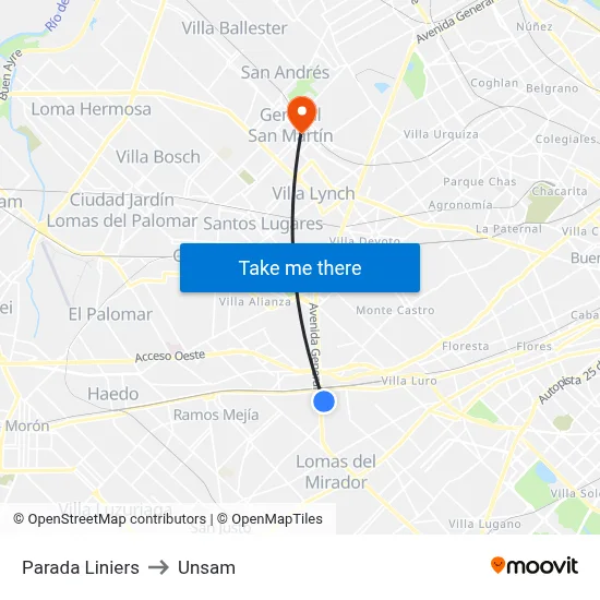 Parada Liniers to Unsam map